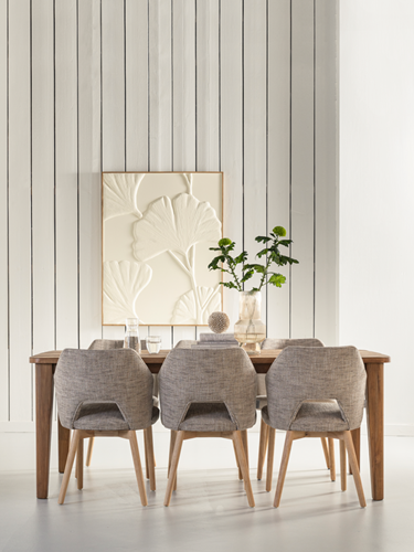 BL 741523 Bliss dining table - ML 74901 Blossom dining chair polairs brown - ML 426528 wall panel Japanese ginko leaf_sfeer1